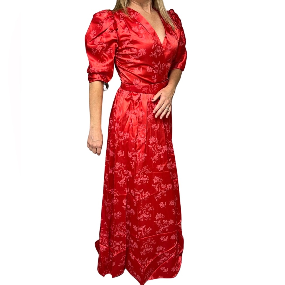 Satin Tomato Red belted dress, Vintage ILGWU dress, puff sleeve, V-neck